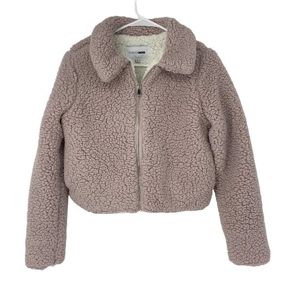 FASHION NOVA Pink Blush Sherpa Teddy zip up jacket size Medium GUC 3727 Lined - Picture 1 of 7